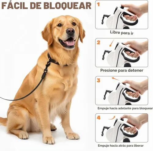 Vista 4 de Correa retráctil para perro con luz LED y cinta reflectante para paseo nocturno, correa de perro de 16 pies con dispensador de bolsas