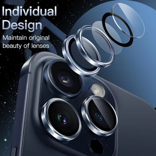 Vista 3 de JETech Protector de lente de cámara para iPhone 15 Pro/15 Pro Max, azul, 1 juego Vidrio templado 9H, cubierta de anillo individual de metal
