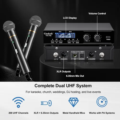 Vista 2 de Gimkuls Sistema de micrófono profesional inalámbrico, micrófono dinámico inalámbrico de mano, doble UHF de 200 canales, micrófonos de metal de 328