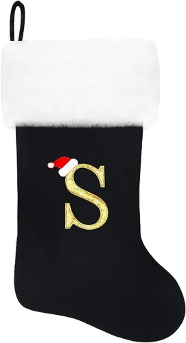 Vista 63 de Calcetines de Navidad bordados de 20 pulgadas con monograma, terciopelo negro con puño de felpa blanca supersuave, adornos clásicos para decoración