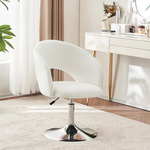Vista 8 de Furnimart Silla de Tocador de Cuero Blanco, Taburete de Tocador con Altura Ajustable, Silla Giratoria con Respaldo, Silla Redonda de Maquillaje