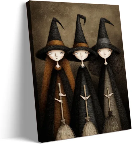 Vista 7 de Bonito arte de pared de gato negro de Halloween, divertido póster de lienzo de luna llena con ojos amarillos y cita de Feliz Halloween