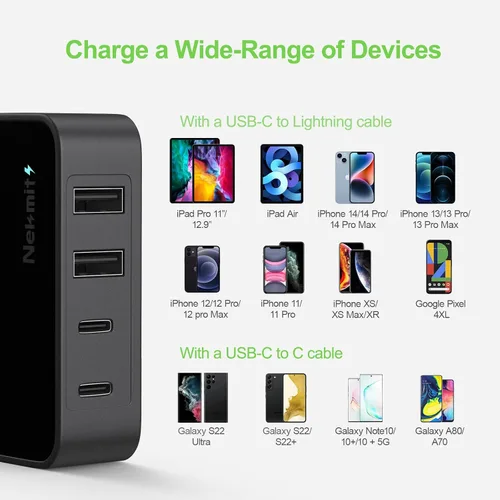 Vista 5 de Nekmit Cargador USB C, cargador de pared plano rápido y delgado de 52 W de 4 puertos con dos Power Delivery de 20 W y 2 puertos USB para iPhone