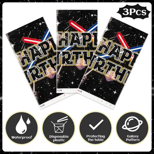 Vista 2 de BOpusail 3 manteles rectangulares de plástico impermeables para mesa de cumpleaños con temática de estrella de película de galaxia, suministros