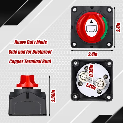 Vista 2 de Interruptor de desconexión de batería de 12 V-48 V con 2 cables Awg de 12 pulgadas, interruptor aislante de batería marina impermeable con lengüetas