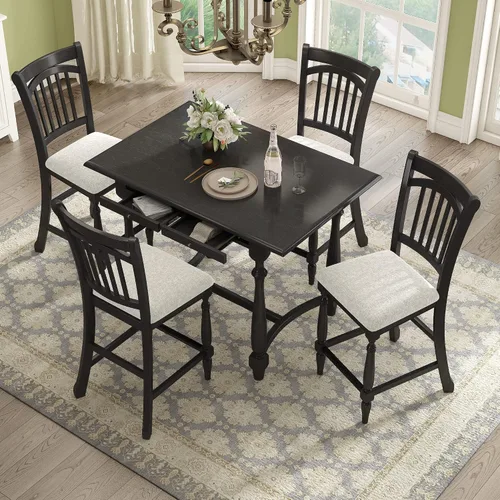 Vista 21 de Farmhouse - Juego de comedor rústico de 5 piezas con 4 taburetes, juego de mesa consola de madera con acabado de dos tonos, para comedor pequeños