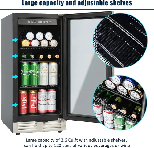 Vista 6 de IOCCIOBB Mini refrigerador de 15 pulgadas, gabinete de vino y bebidas, 120 latas, 34-65°F, silencioso, estantes ajustables, iluminación LED, ETL