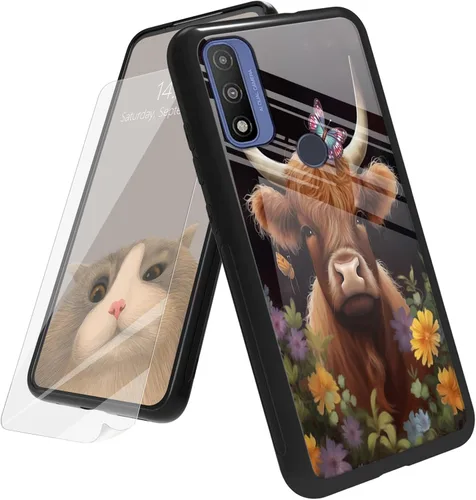 Vista 131 de Funda para Motorola Moto G Play 4G 2024 con protector de pantalla, parte trasera de vidrio templado + funda de silicona suave TPU absorción