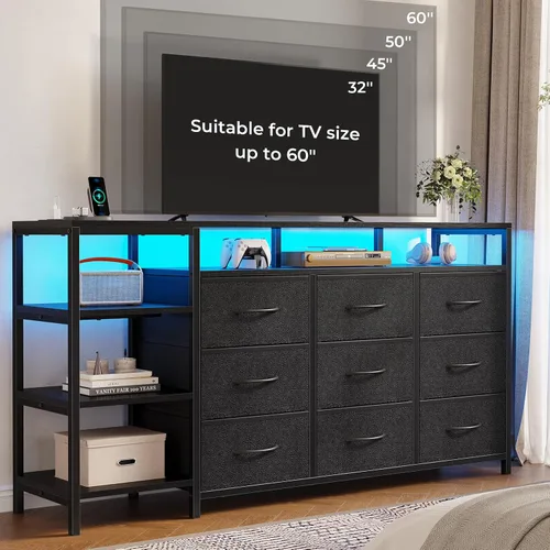 Vista 10 de HAUOMS Soporte de TV para TV de 60 pulgadas, centro de entretenimiento LED Negro