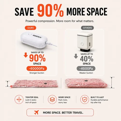 Vista 3 de IDEATECH Paquete de 15 bolsas de vacío de viaje con bomba USB, bolsas de sellado al vacío para ropa, bolsas de compresión para embalaje de maletas