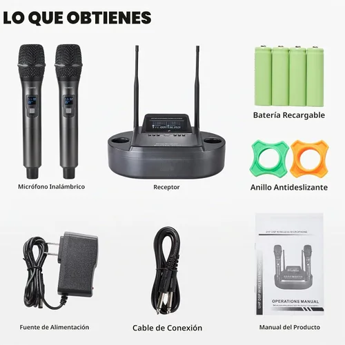 Vista 7 de Sistema de micrófono inalámbrico de mano recargable, micrófonos inalámbricos profesionales duales UHF para karaoke en casa, reuniones, fiestas