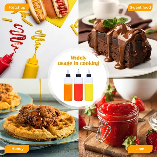 Vista 7 de Honeydak 30 botellas de plástico Boston de 8.5 onzas para salsa, dispensador de condimentos vacío con tapa giratoria y 2 embudos, ideal para salsa