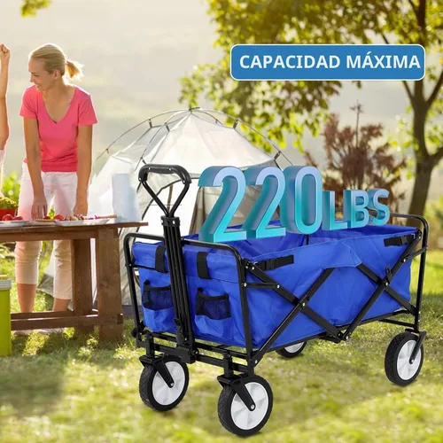 Vista 6 de Carros plegables de alta resistencia con ruedas, mango ajustable, carrito de playa plegable para comestibles al aire libre, pesca, campamento Azul