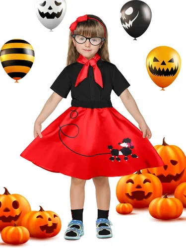 Vista 5 de AOTHSO Conjunto de accesorios de disfraz de falda de caniche de los años 50 con camisa, bufanda, diadema, aretes, gafas, calcetines, disfraz