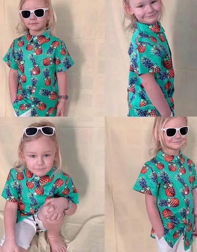 Vista 5 de RAISEVERN Camisas con botones para niños, estampado de dibujos animados hawaianos, ajustadas, manga corta, linda camisa de vestir para niños (2-10T)
