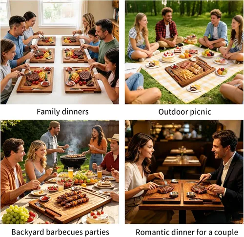 Vista 5 de MAVOTER Tabla de Bistec de Madera de Acacia - Plato de Bistec Tabla de Cortar con Tenedor, Cuchillo y Ramequines Tabla de Servir de Madera