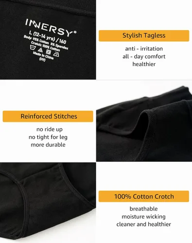 Vista 5 de INNERSY Ropa interior de algodón elástico para niñas adolescentes, calzones cómodos de tiro medio, paquete de 6