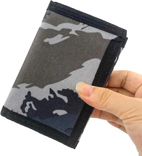 Vista 6 de Cartera de lona triple RFID para deportes al aire libre para hombres lindo monedero con cremallera y bolsillo frontal para niños color camuflaje