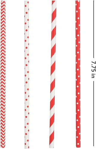 Vista 2 de ALINK Pajitas de papel rojo biodegradables a granel – 100 puntos/rayas/ondas pajitas para bebidas, Navidad, vacaciones, cumpleaños, boda