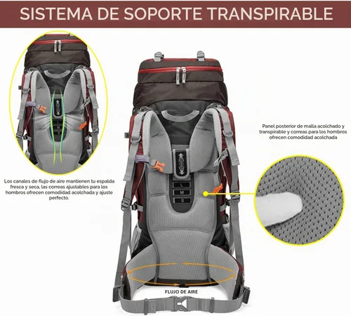 Vista 3 de MOUNTAINTOP Mochila de marco interno de 80L para hombre y mujer Mochila de senderismo con cubierta de lluvia Granate-80l