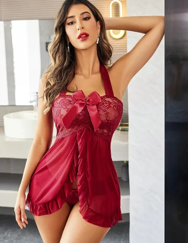 Vista 5 de Avidlove Lencería para Mujer Sexy con Frente Abierto Vestido Babydoll de Encaje con Tanga Camisón de Malla Halter XS-5XL
