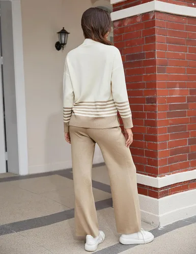 Vista 5 de Bianstore Conjunto de 2 piezas para mujer, suéter de punto de manga larga, pantalones de pierna ancha, conjunto de sudadera