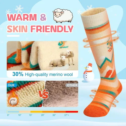 Vista 2 de unenow Calcetines de esquí de lana merino para niños, 2 pares, calcetines térmicos cálidos de invierno para niños y niñas pequeños