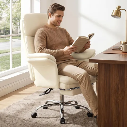 Vista 3 de Silla de oficina en casa con reposapiés, 400 libras, silla de escritorio con respaldo alto con soporte lumbar, reposabrazos suaves, sillas de Beige