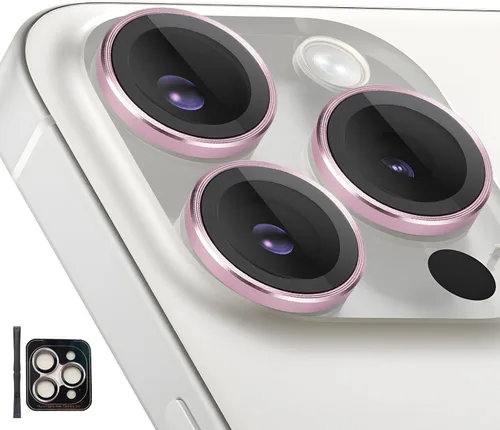 Vista 13 de Protector de lente de cámara para iPhone 15 Pro/15 Pro Max, protector de lente de anillo de cámara de vidrio templado individual con bandeja
