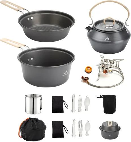 Vista 8 de THTYBROS 27pcs Camping Cooking Set for 2-4 People, Portable Cookware Set with Kettle, Pots & Pans, Stainless Steel Utensils, Plates, Dishware for