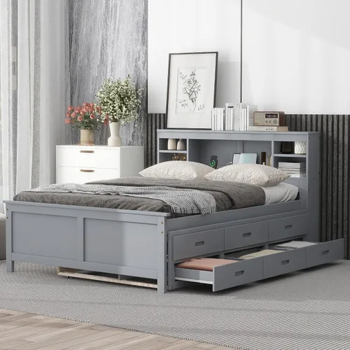 Vista 2 de VilroCaz Moderna cama de plataforma de tamaño matrimonial con cabecera de almacenamiento, base de cama de plataforma de madera maciza con nido