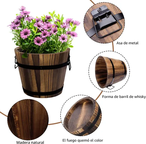 Vista 3 de Adnee Paquete de 4 Macetas de Barril de Whisky de Madera - Juego de Macetas de Jardín de Barril de Cubo de Madera de 4 Tamaños - Macetas Rústicas