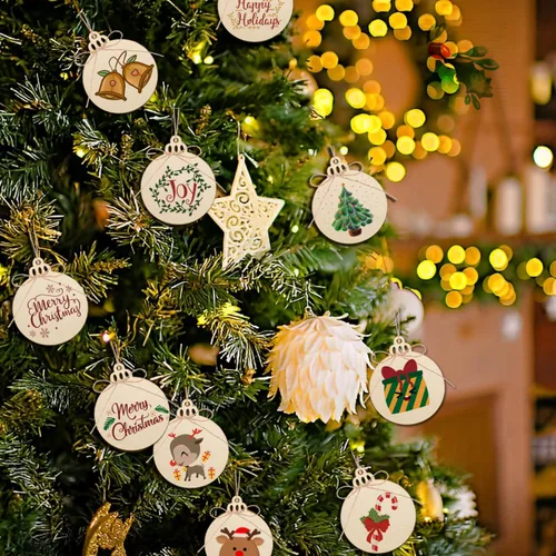 Vista 2 de Artmag 100 piezas de adornos colgantes de madera sin terminar de Navidad DIY, discos de madera redondos en blanco para manualidades, centros