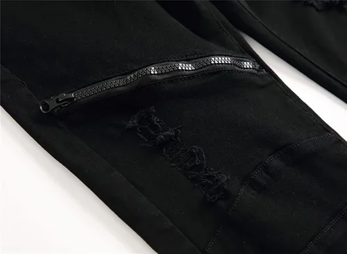 Vista 6 de Glstbv Pantalones de mezclilla ajustados de hip hop con agujeros rasgados para hombre, elásticos, ajustados y desgastados