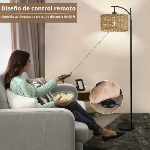 Vista 5 de Lámpara de pie de arco para sala de estar con control remoto, lámparas de pie bohemias de granja con 3 temperaturas de color, lámpara de pie rústica