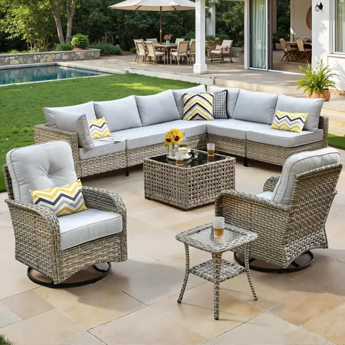 Vista 8 de ovios Muebles de patio de 8 piezas con hoguera, juego de conversación de mimbre de ratán para exteriores con mesa de centro brillante, cómodo sofá