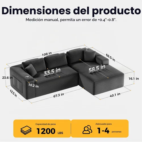 Vista 2 de CAMMOO Sofá seccional deshuesado en forma de L de 108 pulgadas, sofá nube Gris