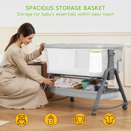 Vista 3 de Real Relax Moisés para bebé, cuna 3 en 1 con cesta de almacenamiento y ruedas, moisés mecedora fácil de plegar para cama lateral, altura ajustable
