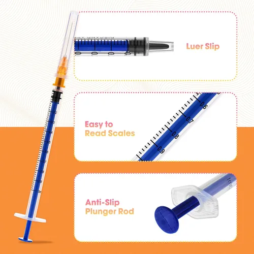 Vista 4 de Paquete de 100 jeringas de 1ml con aguja - 25G 1 pulgada Jeringa desechable de 1cc para uso en laboratorio científico, estéril envuelta
