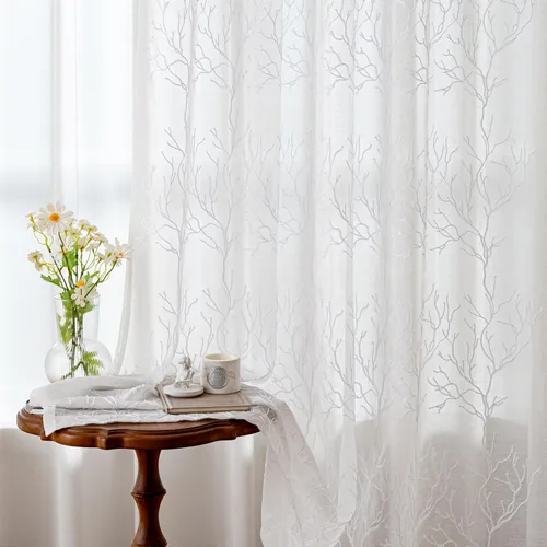 Vista 17 de VISIONTEX 2 paneles de cortinas traslúcidas de 63 in de largo, cortinas de gasa semitransparentes bordadas con hojas florales beige, bolsillo