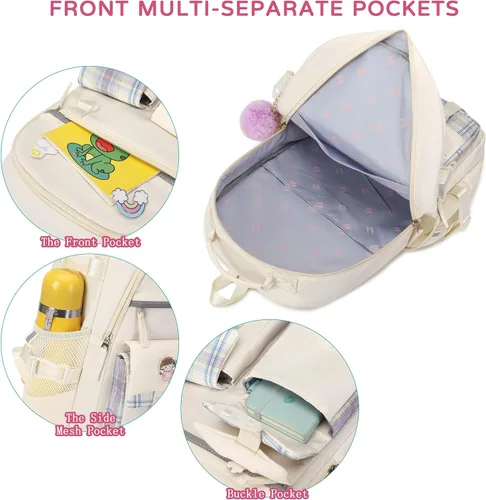 Vista 8 de Mochila para niñas de 15.6 pulgadas para laptop, bolsa escolar para niños de primaria y universidad, mochilas y bolsos escolares para niñas Beige