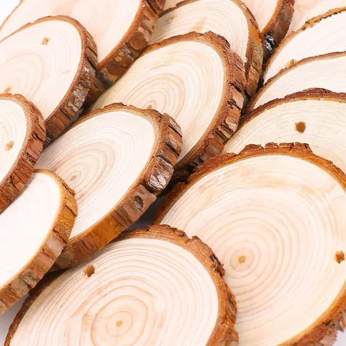 Vista 3 de Juego de 20 piezas de posavasos de madera natural sin terminar, juego de posavasos de madera de 3.5 a 4 pulgadas, kit de madera preperforado