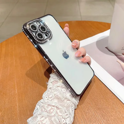 Vista 3 de Funda compatible con iPhone 11 Pro Max con protector de lente de cámara de diamante con purpurina, bonita funda de cristal transparente a prueba