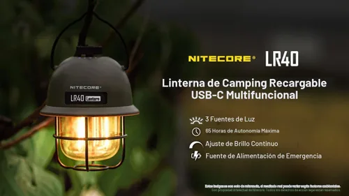Vista 2 de NITECORE LR40 Multifunct Al Linterna Recargable Camping 100 Lúmenes w/Eco-Sensa USB C Cable De Carga - Verde