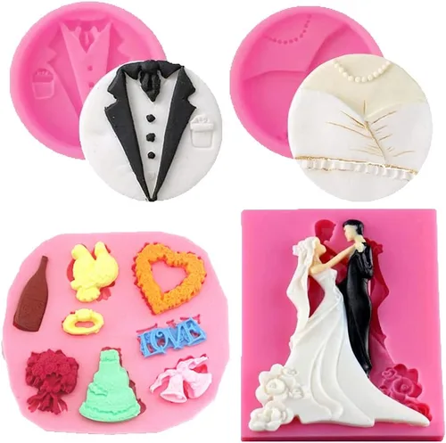 Vista 2 de Cestony Juego de esmoquin para novia y novio, moldes de silicona para bricolaje, boda, fiesta, pastel, fondant, galletas, jabón, pudín de azúcar