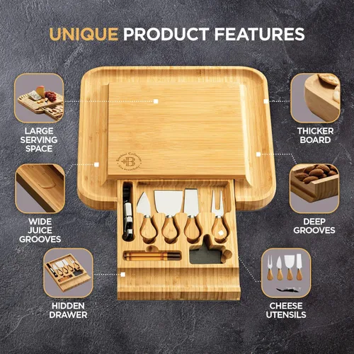 Vista 3 de Bambüsi Tablas de charcutería – Juego de tablas grandes de bambú para charcutería con cuchillos para servir, bandeja de queso, regalos