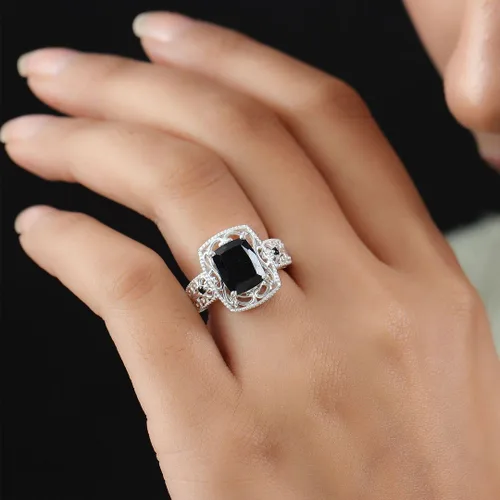 Vista 4 de Black Tourmaline Rings - Birthstone Rings for Women - Engagement Promise Ring for Her Statement Vintage Stainless Steel Tourmaline Jewelry Birthday