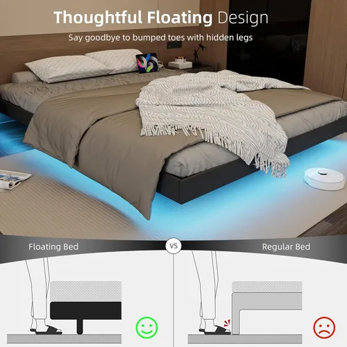 Vista 6 de Base de cama flotante de tamaño matrimonial con luces LED y estación de carga, marco de cama de plataforma de metal sintético negro, fácil montaje
