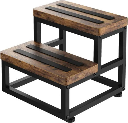 Vista 9 de Taburetes para adultos y niños, taburetes resistentes de madera para camas altas, taburete antideslizante de 2 escalones junto a la cama con Negro