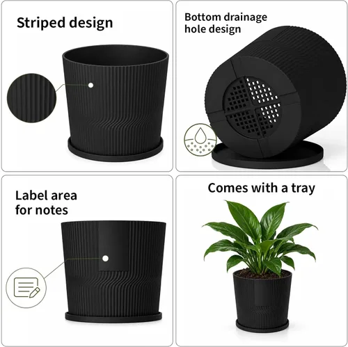 Vista 4 de 5 macetas para interiores, 4.8+5.5+6+6.5+7 pulgadas con platillos y drenaje Negro